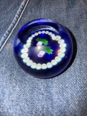 Cobalt Blue Floral Millefiori Glass Paperweight caithness of Scotland